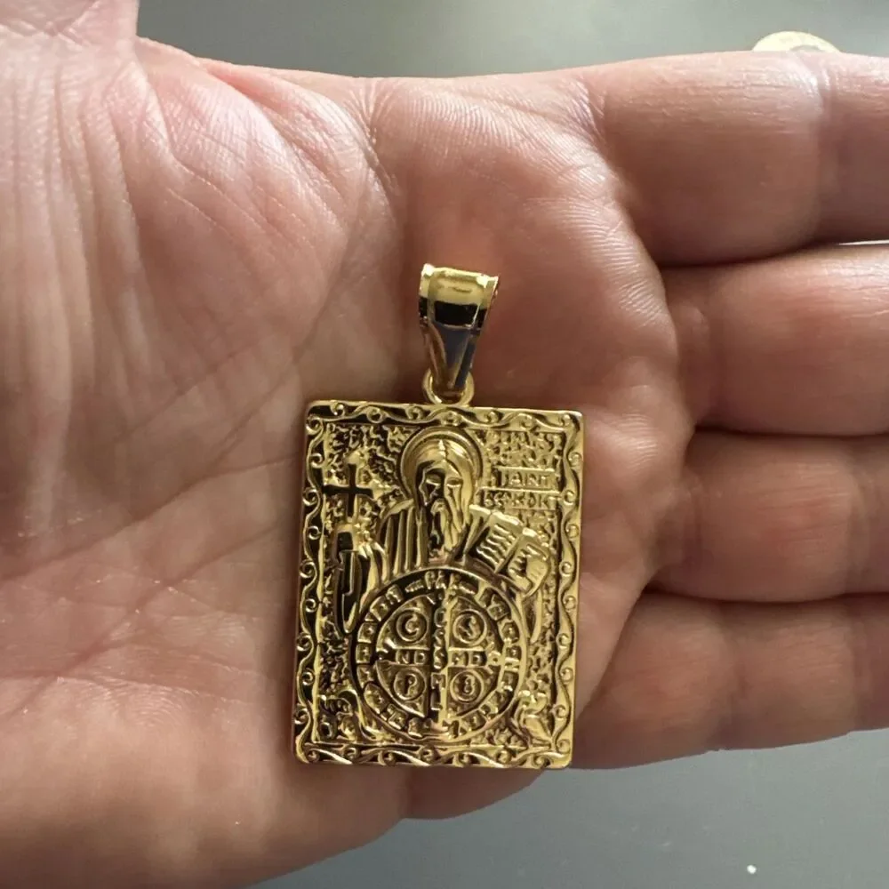 Saint Benedict Gold Tone Pendant Stainless Steel Cross Jesus Orthodox Unisex